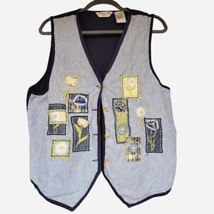 VTG Victoria Jones Women's L White and Blue floral patchwork stripe vest cottage